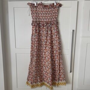 J. Crew Strapless Floral Maxi Dress in Rust and Cream with Yellow Border
